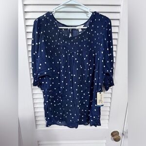 NWT 1X navy blue smocked woven top